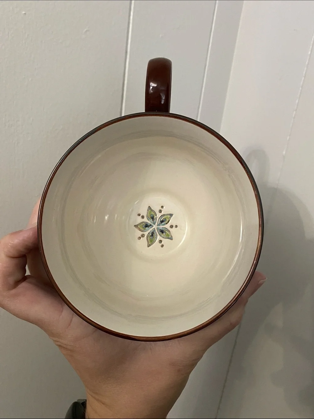 Pier 1 Turquoise Peacock Feather Ceramic Mug with Brown Handle
